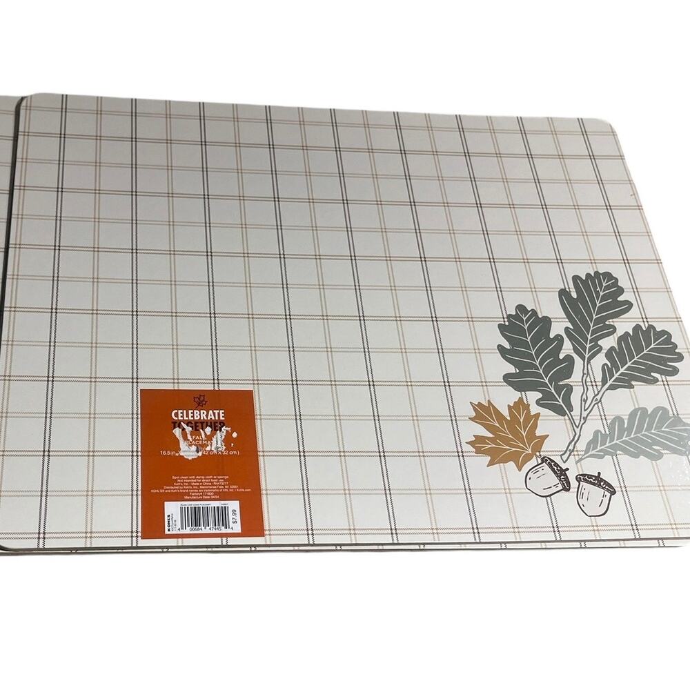 Celebrate Together 5 pc Hard Plaid Leaf Cork Back Placemat 16.5" x 12.6" NWT